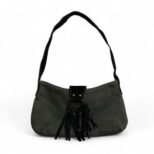 La Rue grey denim bag with black fringe & ring detail so Y2K coach vibes denim